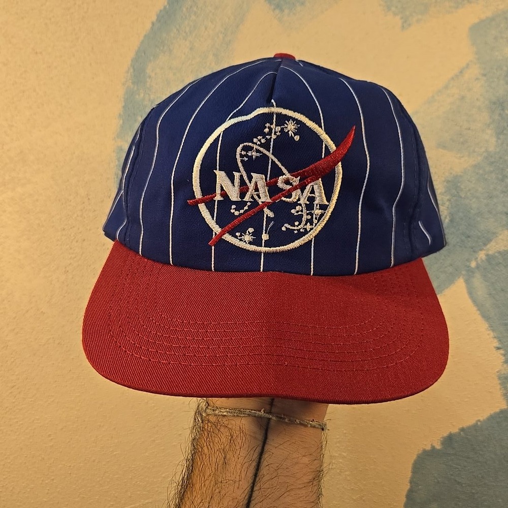 VTG NASA‎ Pinstripe AB Emblems Hat USA Blue Trucker Cap Red Bill Snapback OSFA